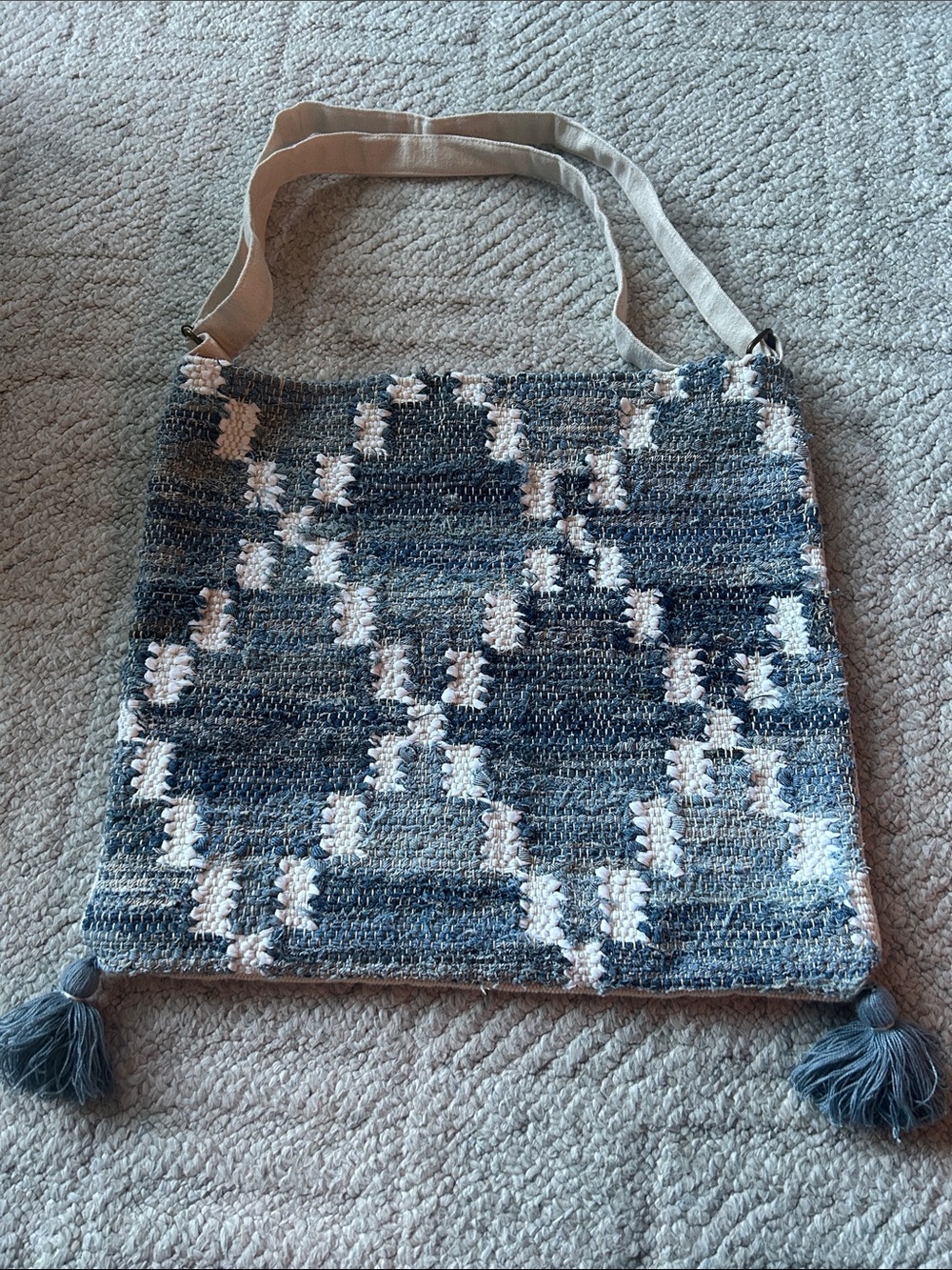 Lovestitch Woven Blue and Cream Tote Bag with Tassels